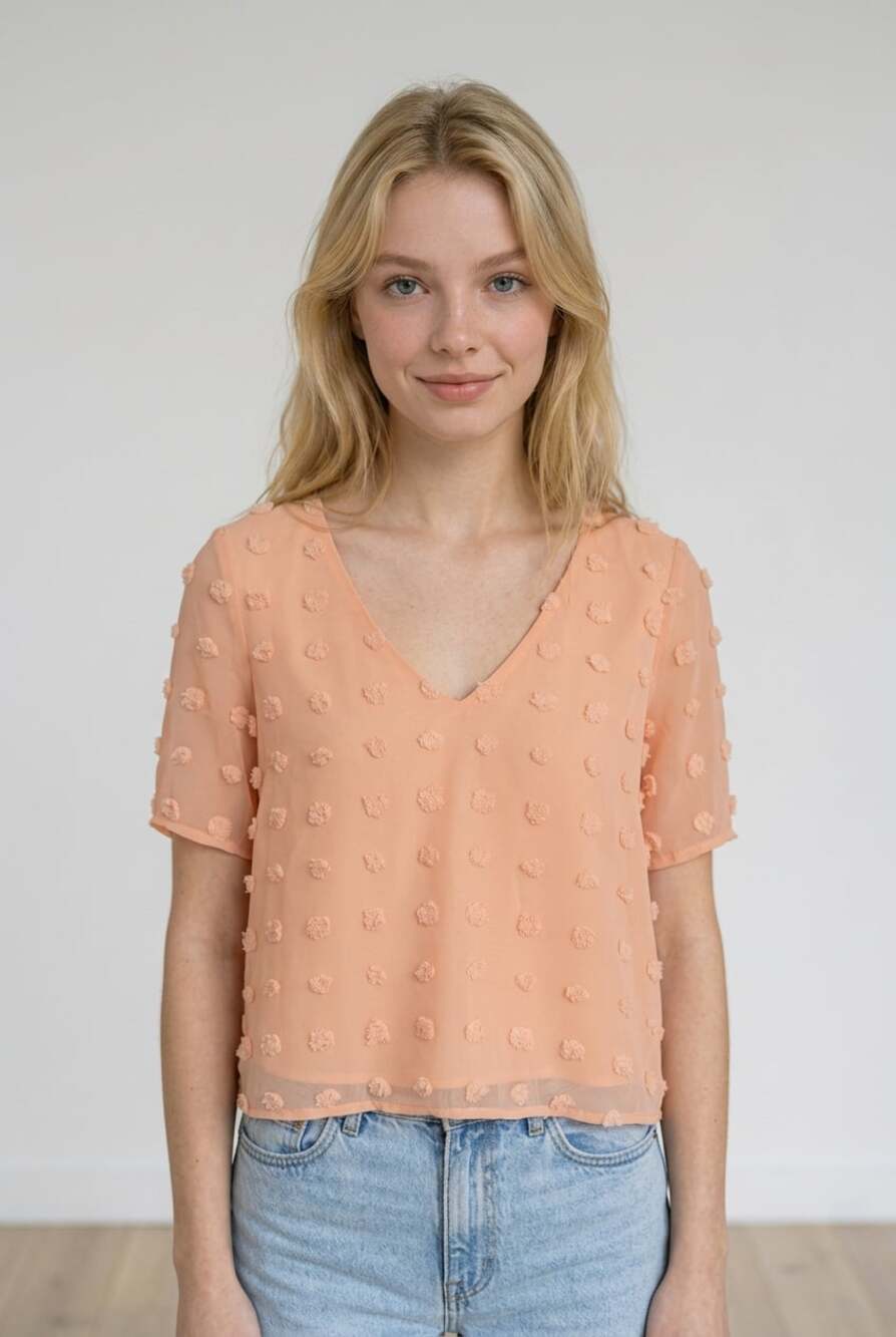 Lulus Women's Peach Swiss Dot V-Neck Short Sleeve Blouse